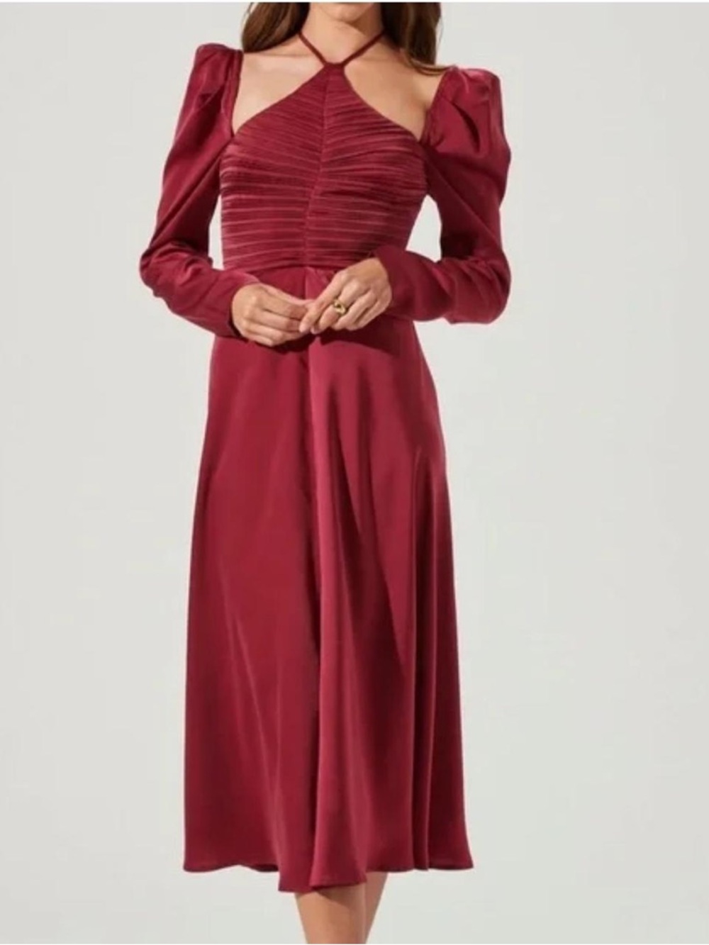New ASTR The Label Burgundy Satin Ruched Halter Neck Puff Sleeve Midi Dress xl
